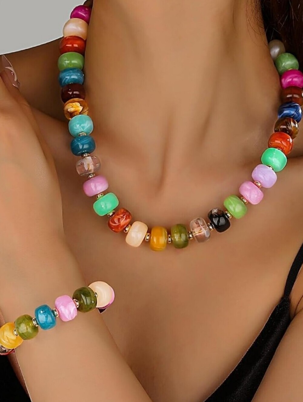 Colorful Bead Necklace and Bracelet Set - Multicolor Women’s Jewelry